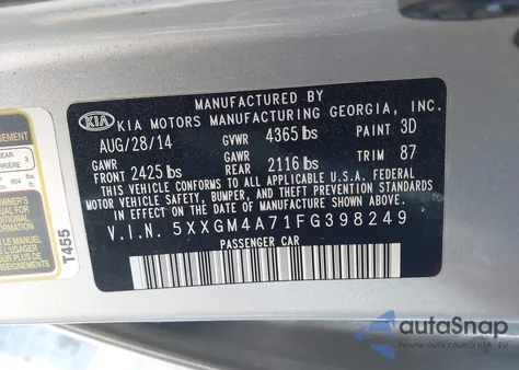 2015 Kia Optima Lx из США, поврежденный, VIN 5XXGM4A71FG398249